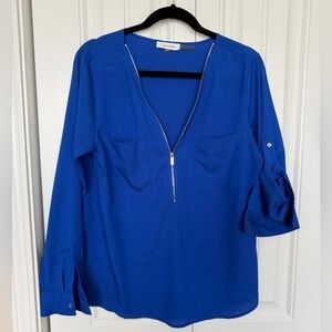 Calvin Klein Women's Royal Blue Silver Zip V-Neck Blouse